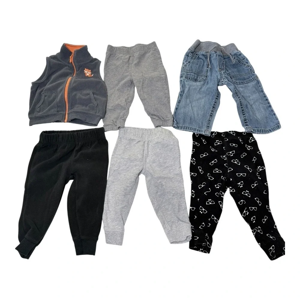 Carter's Baby Boy 9M Vest Pants‎ Jeans 6pc Lot Gray Black Blue Fox Glasses Print